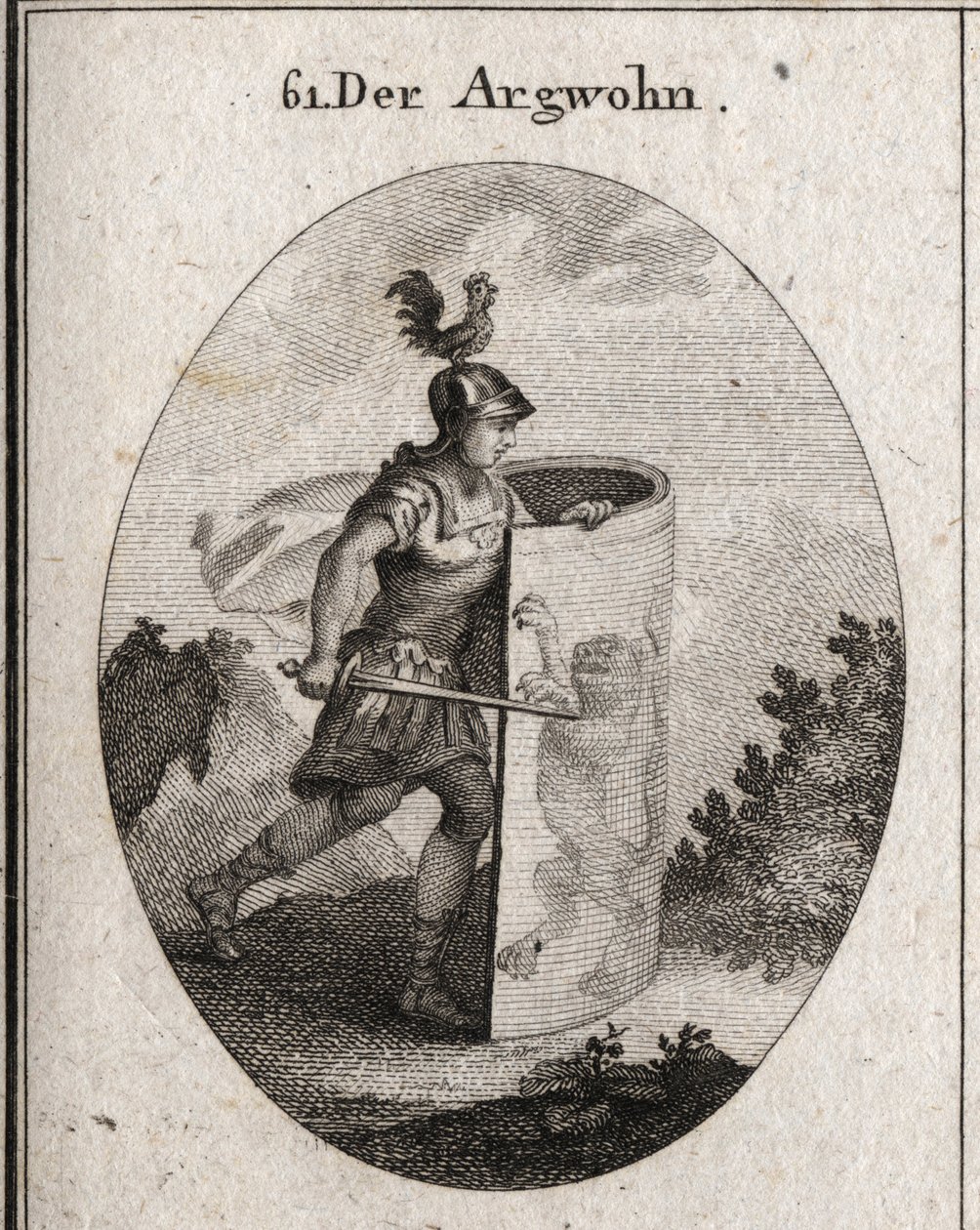 Allegorie des Verdachts, versteckt hinter einem Schild, auf dem ein Löwe steht, Symbol des Verdachts nach Aristoteles, und ein Hahn auf dem Helm, der Wachsamkeit darstellt. Gravur in "Iconologie oder Ideen aus dem Gebiete der Leidenschaften und Allegorien  von Austrian School