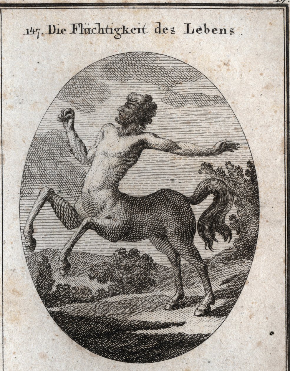 Allegorie der Geschwindigkeit des menschlichen Lebens, dargestellt durch einen Zentaur. Gravur in „Iconologie oder Ideen aus dem Gebiete der Leidenschaften und Allegorien bildlich dargestellt für Zeichner, Maler, Dichter, Gelehrte, Erzieher und Freunde Höh von Austrian School