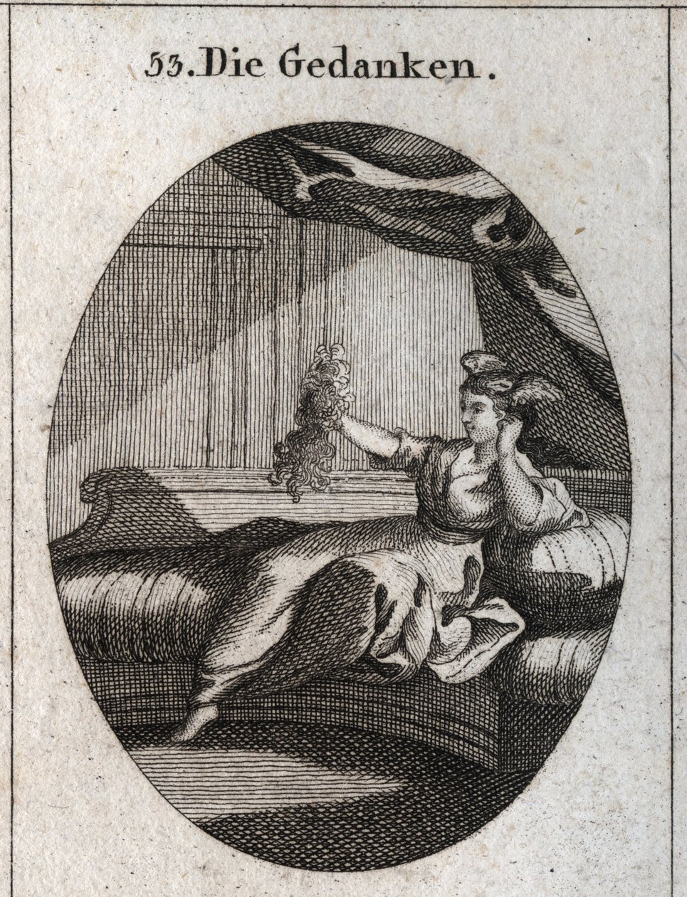 Allegorie der Gedanken, dargestellt mit Flügeln am Kopf und einem Bündel verwickelter Fäden, Bild des Durcheinanders, das die verschiedenen Gedanken verursachen. Gravur in „Iconologie oder Ideen aus dem Gebiete der Leidenschaften und Allegorien bildlich da von Austrian School