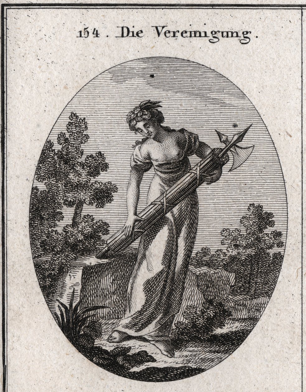 Allegorie der Union. Gekrönt mit einem Olivenbaumzweig, Symbol des Friedens, und Myrte, die Freude darstellt. Sie fließt auf einem Bündel fest gebundener Stöcke, ohne das Bild von Stärke und Einheit zu biegen. von Austrian School