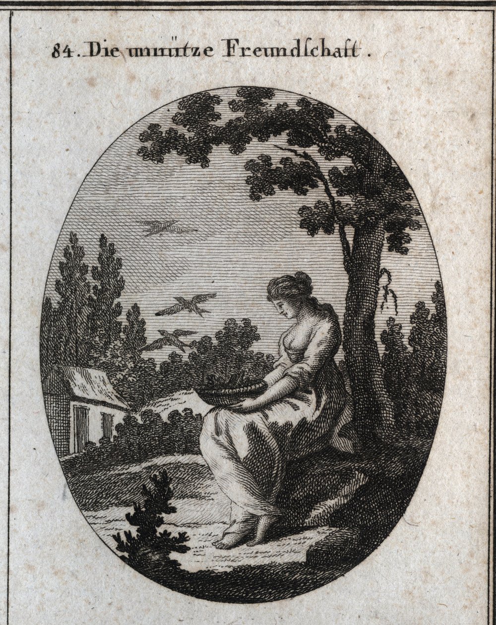 Allegorie der nutzlosen Freundschaften, die ein Nest hält, das Schwalben das Wegfliegen ermöglicht. Gravur in „Iconologie oder Ideen aus dem Gebiete der Leidenschaften und Allegorien bildlich dargestellt für Zeichner, Maler, Dichter, Gelehrte, Erzieher und von Austrian School