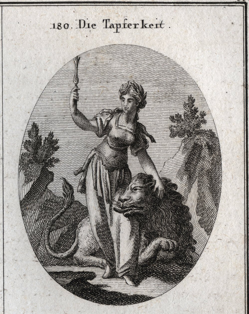 Allegorie des Wertes, gekrönt mit Lorbeer, sie streichelt einen von ihr gezähmten Löwen. Das hohe Zepter bedeutet, dass ihr Mut sie würdig macht zu befehlen. Gravur in „Iconologie oder Ideen aus dem Gebiete der Leidenschaften und Allegorien bildlich darges von Austrian School
