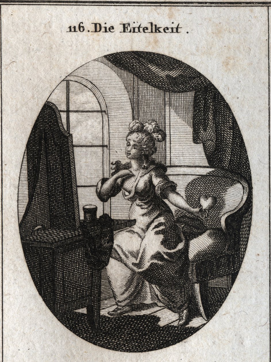 Allegorie der Eitelkeit. Sie möchte gefallen und beachtet werden, daher wird sie vor ihrem Toilettentisch dargestellt, wie sie sich vor dem Spiegel schmeichelt und ein Herz in der Hand hält. Gravur in „Iconologie oder Ideen aus dem Gebiete der Leidenschaft von Austrian School