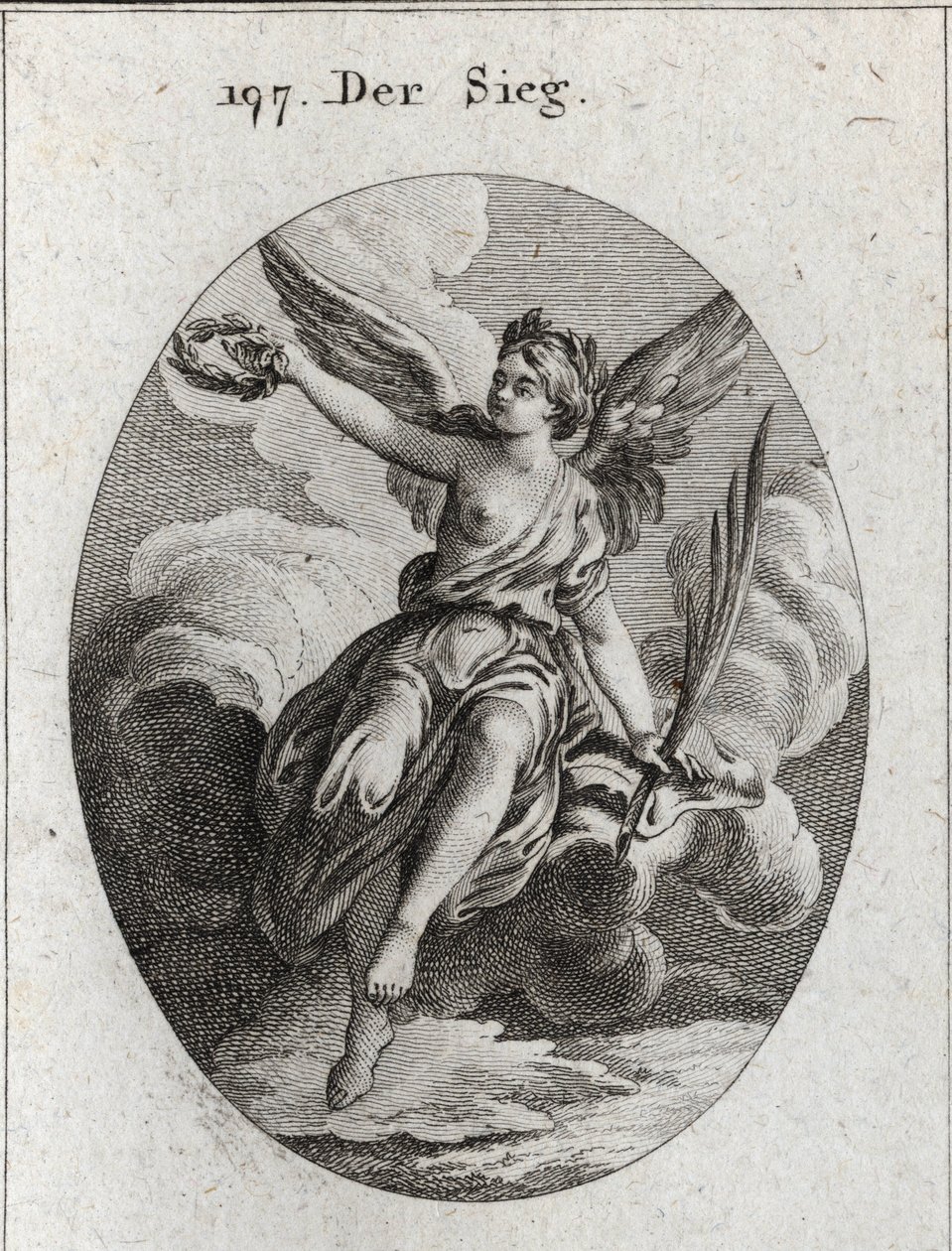 Allegorie des Sieges. Sie hat Flügel und hält eine Palme und einen Lorbeerkranz. Gravur in „Iconologie oder Ideen aus dem Gebiete der Leidenschaften und Allegorien bildlich dargestellt für Zeichner, Maler, Dichter, Gelehrte, Erzieher und Freunde Höherer Ge von Austrian School