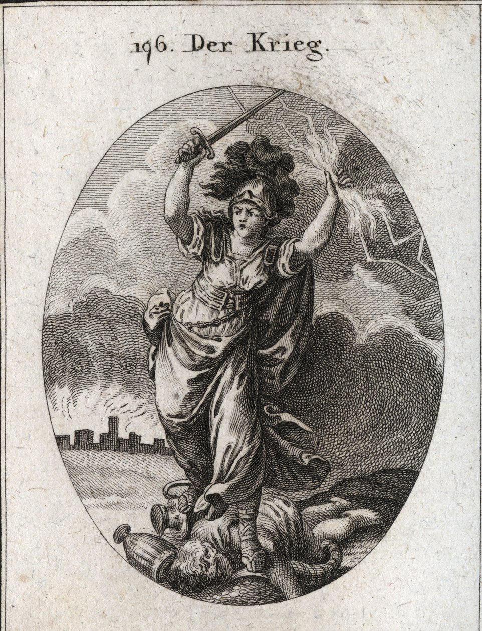 Allegorie des Krieges. Sie hält einen Blitz und ein nacktes Schwert und zerbricht unter ihren Füßen goldene und silberne Vasen und eine Statue des Gottes Plutus, die durch ein Füllhorn und eine Augenbinde symbolisiert wird. Im Hintergrund die Mauern einer  von Austrian School