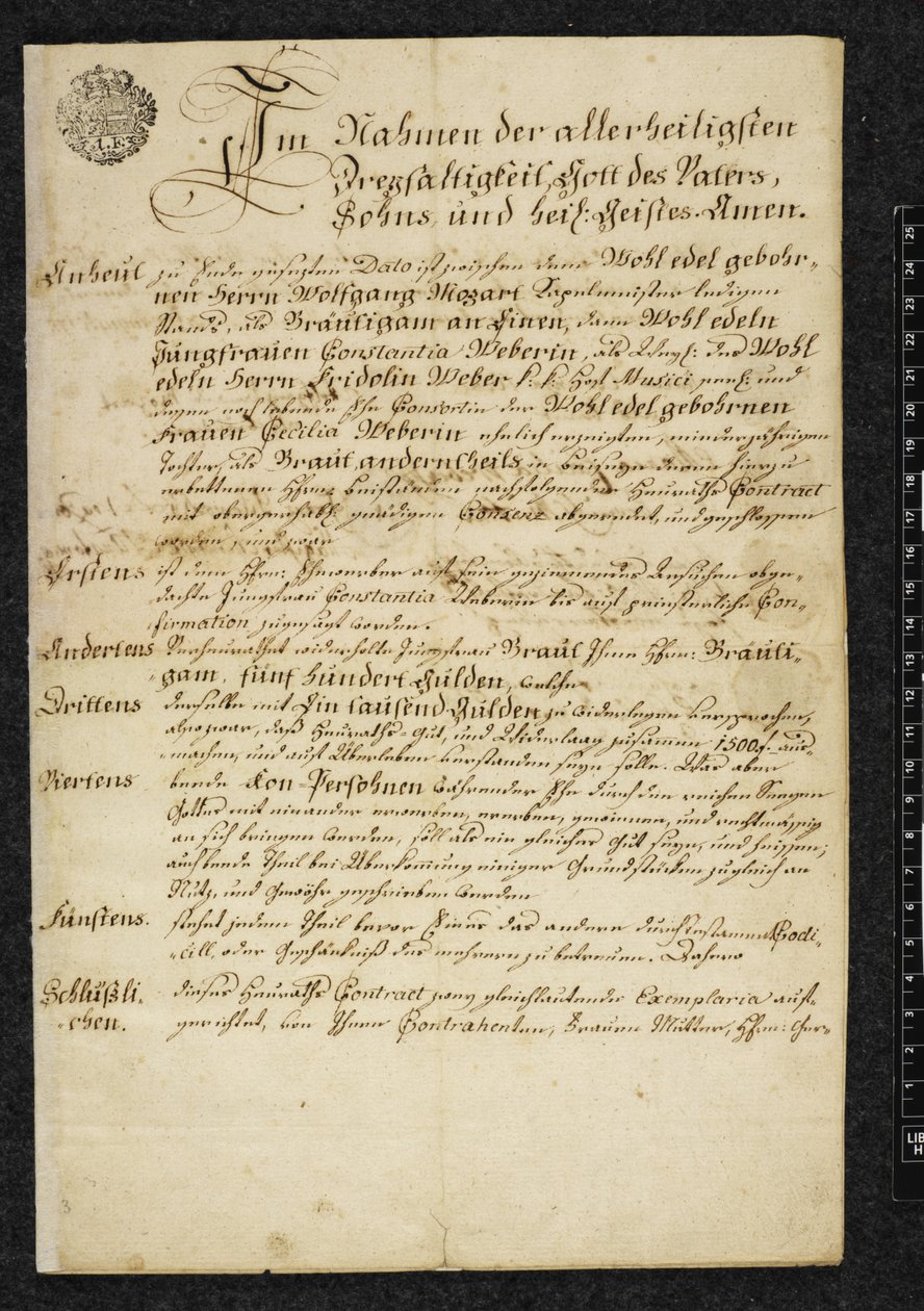 Heiratsurkunde von Wolfgang Amadeus Mozart und Constanze Weber von Austrian School