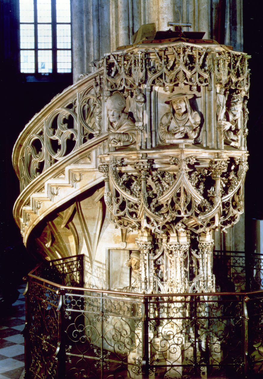 Pilgerkanzel, dekoriert mit Büsten der vier Kirchenväter, Theologen, die die vier physiognomischen Temperamente darstellen, der Bildhauer selbst schaut aus einem Fenster unten, von Anton Pilgr von Austrian School