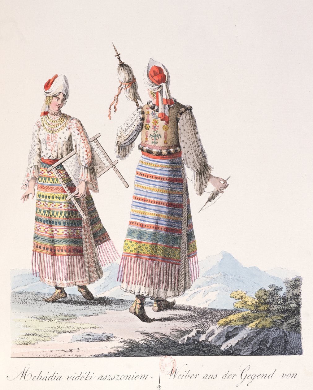 Frauen in traditioneller Kleidung der Region Mehadia, Illustration aus einem Buch Costumes de Hongrie von J.H. de Bikkesy, 1810 von Austrian School