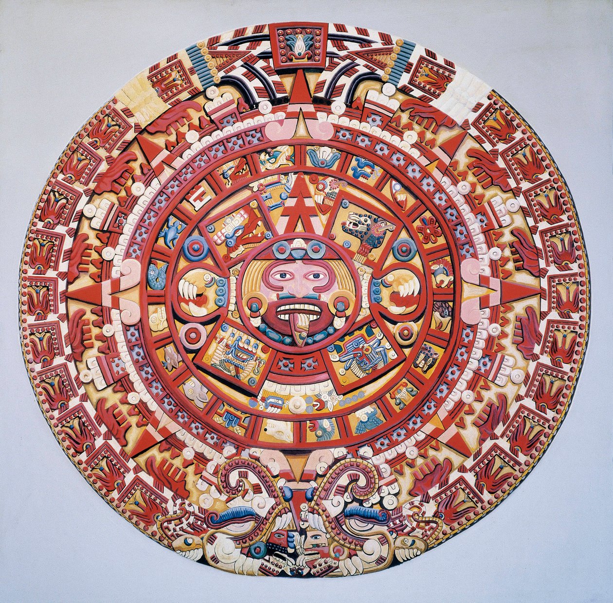 Präkolumbianische Zivilisation: Der Aztekenkalender (Stein der Sonne): Scheibe, die den Aztekenkalender und die Kosmogonie darstellt (Tonalpohualli) von Aztec Aztec