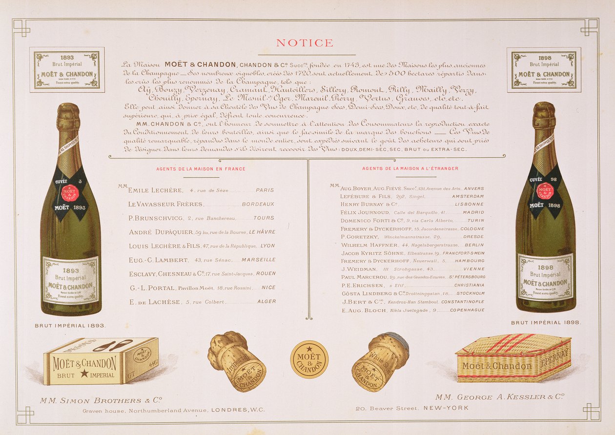 Agenten weltweit und Verpackungsmuster, aus Le France Vinicole, veröffentlicht von Moet & Chandon, Epernay von B. Arnaud
