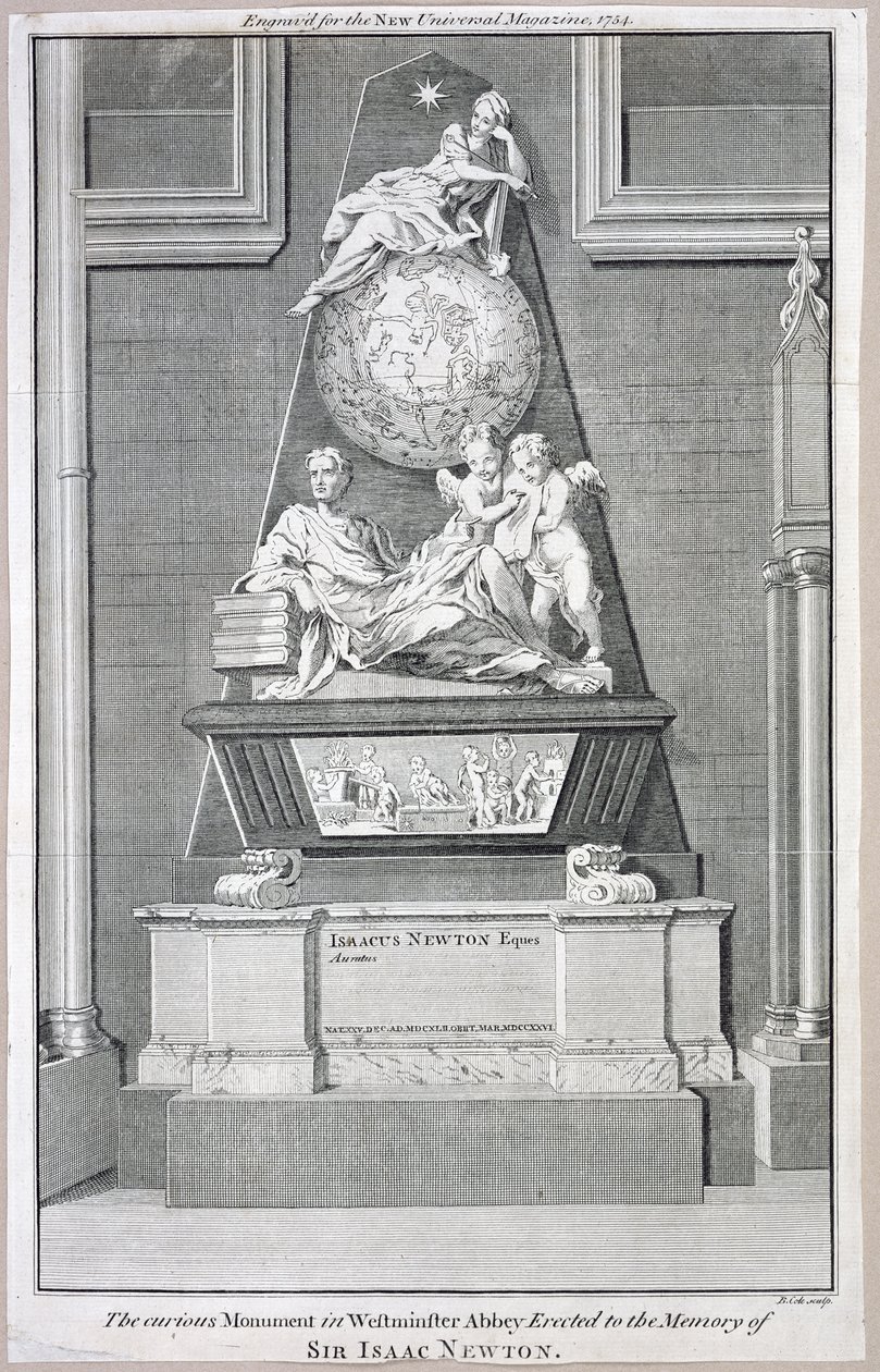 Das neugierige Denkmal in der Westminster Abbey, errichtet zum Gedenken an Sir Isaac Newton, 1754 von B. Cole