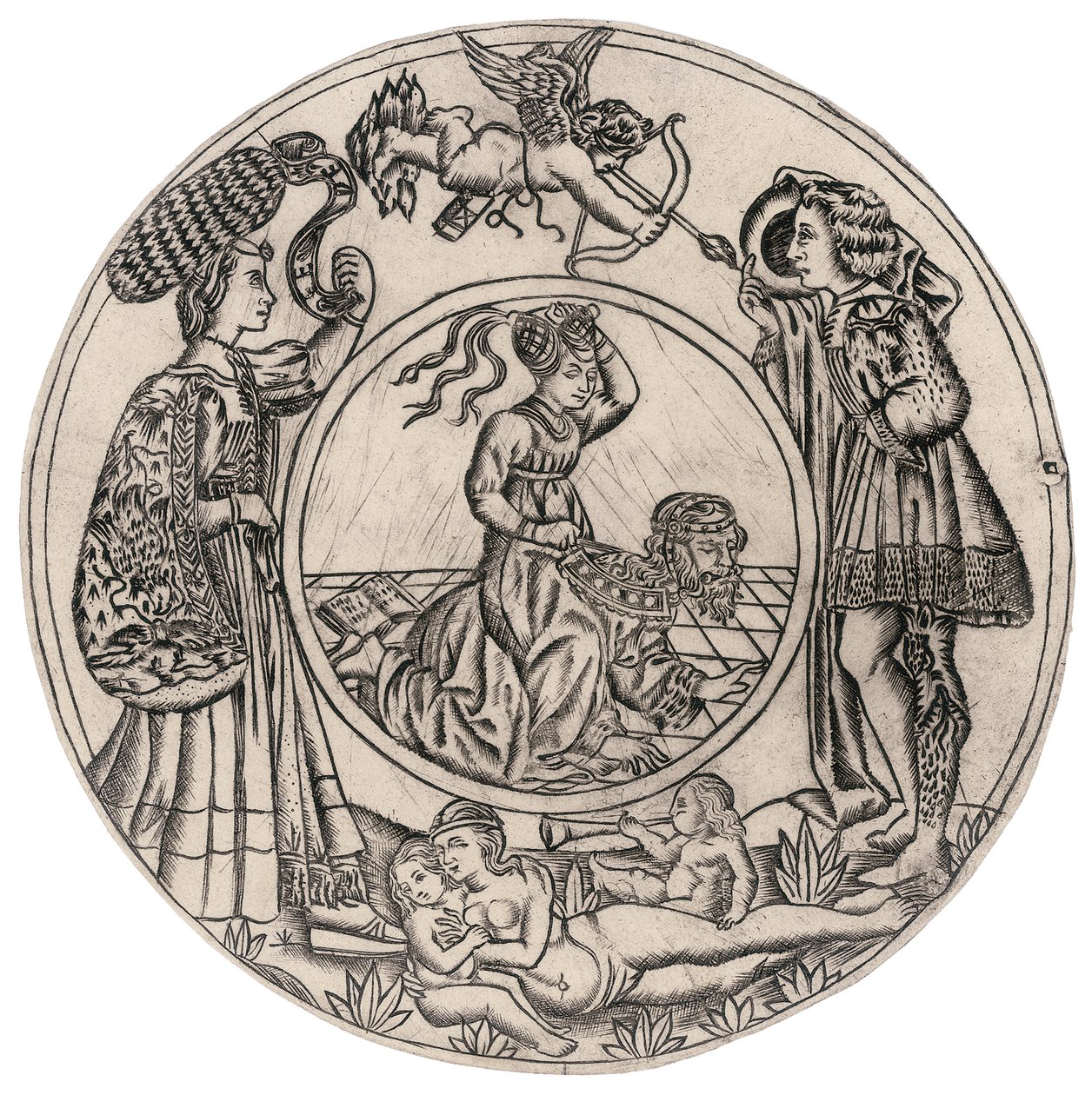 Aristoteles und Phyllis, umgeben von einem jungen Mann und einer Frau mit Eros, und eine liegende nackte Frau mit zwei Kindern, zweite Hälfte des 15. Jahrhunderts von Baccio (circle of) Baldini