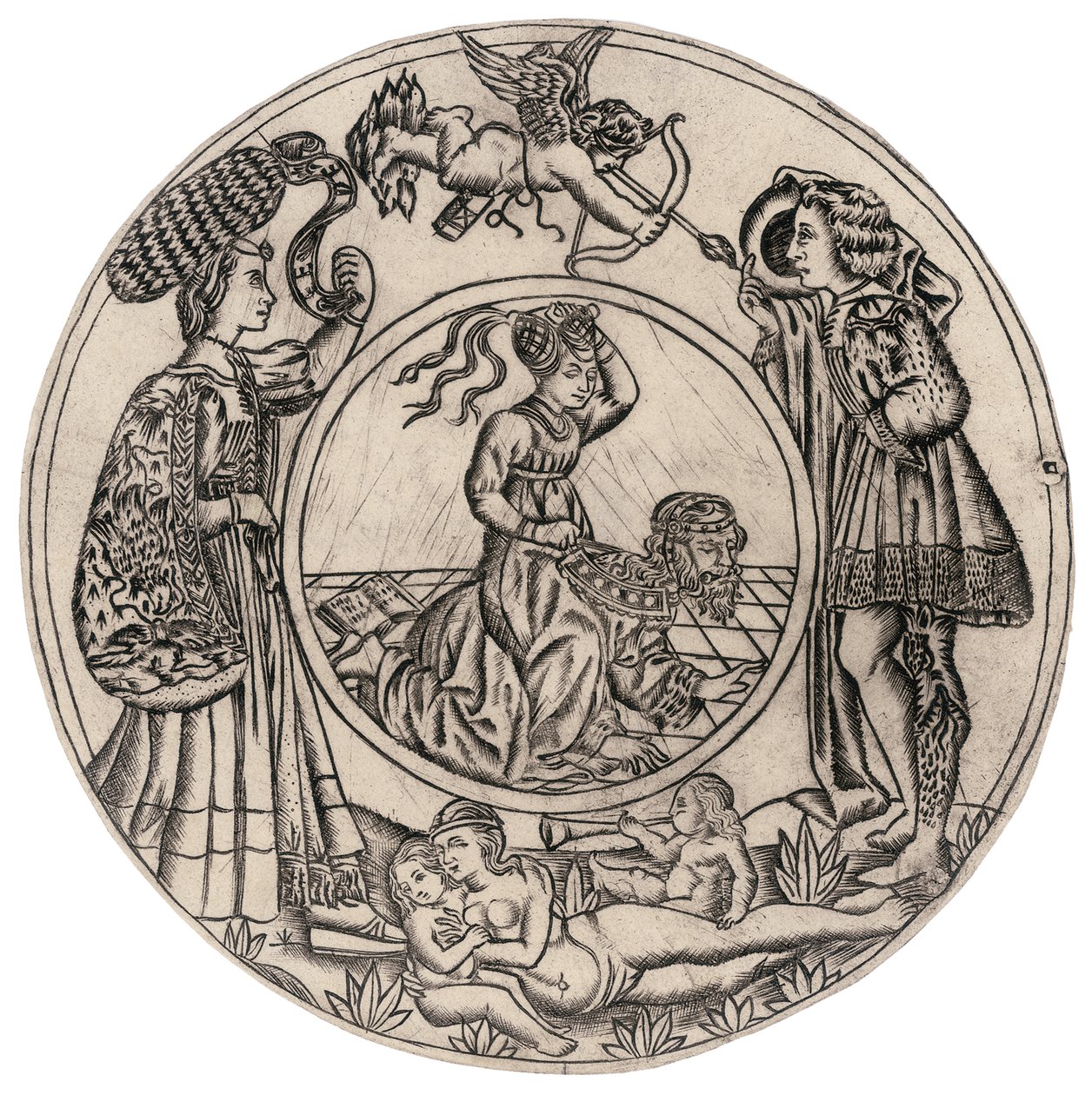 Aristoteles und Phyllis, umgeben von einem jungen Mann und einer Frau mit Eros, und eine liegende nackte Frau mit zwei Kindern, zweite Hälfte des 15. Jahrhunderts von Baccio Baldini