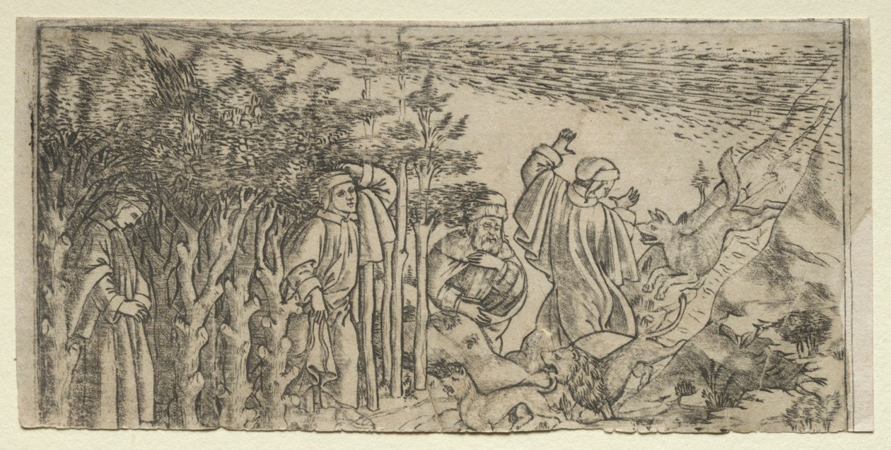 Dante verirrt sich im Wald: Flucht und Begegnung mit Virgil, Canto I, 1481 von Baccio Baldini