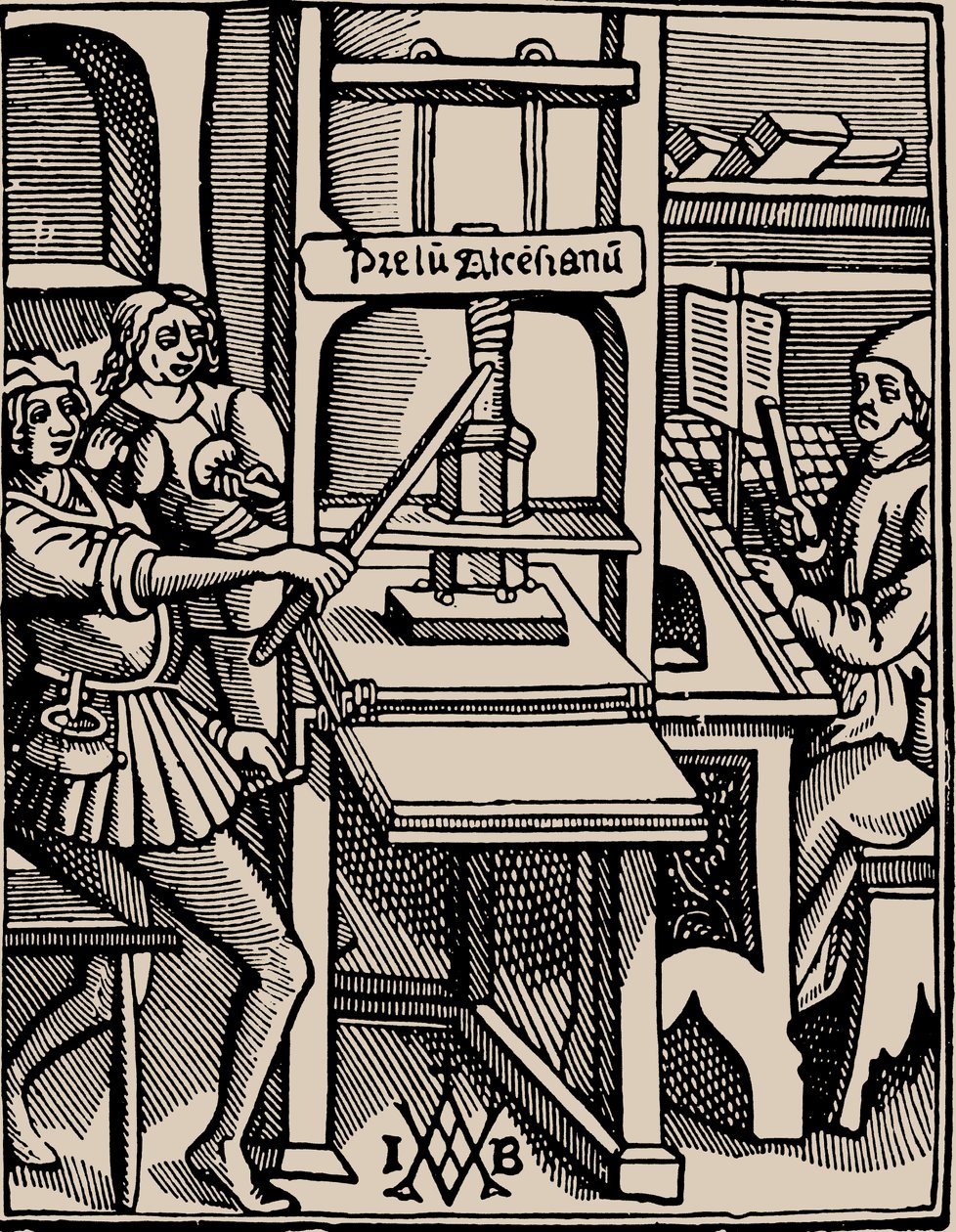 Prelum Ascensianum: Druckerzeichen mit der Druckerpresse in Betrieb, 1508 von Badius