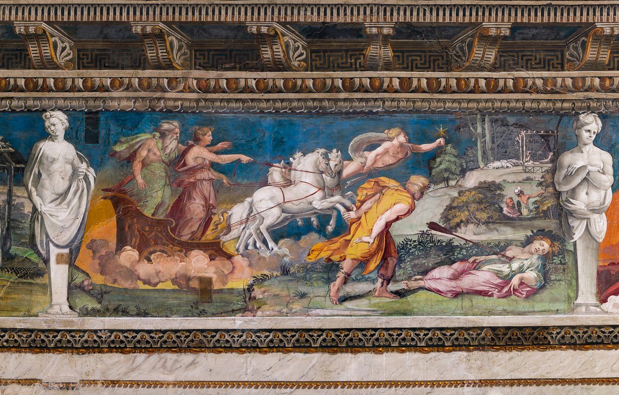 Prokris aufgespießt vom unfehlbaren Speer, Kephalos läuft auf sie zu und Aurora und Titone auf einem von vier Pferden gezogenen Wagen von Baldassarre Peruzzi
