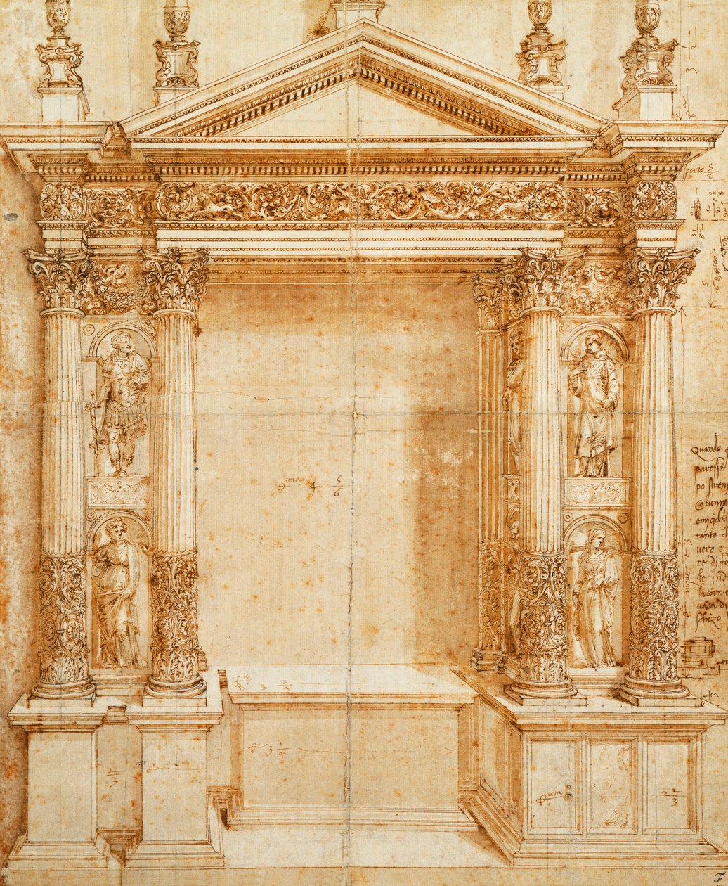 Entwurf für einen Altar mit einem Giebel-Tabernakel, unterstützt von gepaarten korinthischen Statuen von St. Lucia, St. Agnes, St. Ansanus und St. Stephan in Nischen dazwischen von Baldassarre Peruzzi