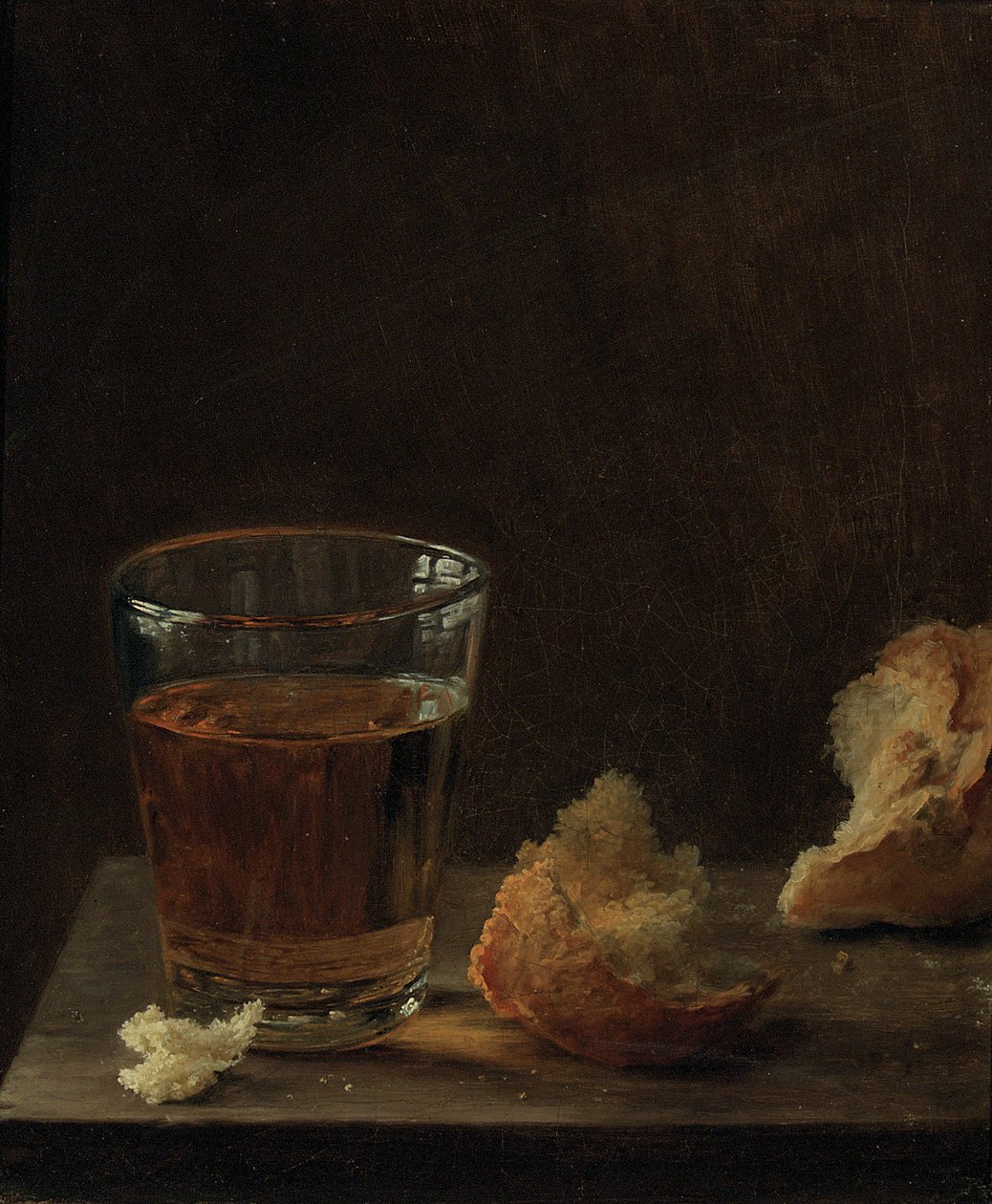 Ein Glas Bier und ein Brötchen auf einem Tisch von Balthasar Denner
