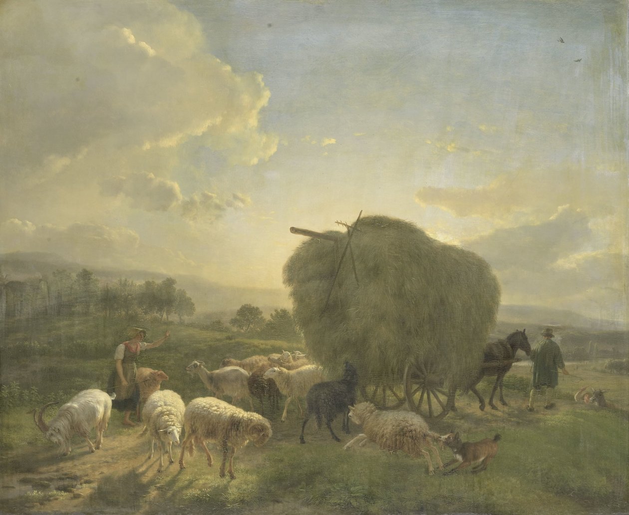 Landschaft mit Schafen und einem Heuwagen von Balthasar Paul Ommeganck