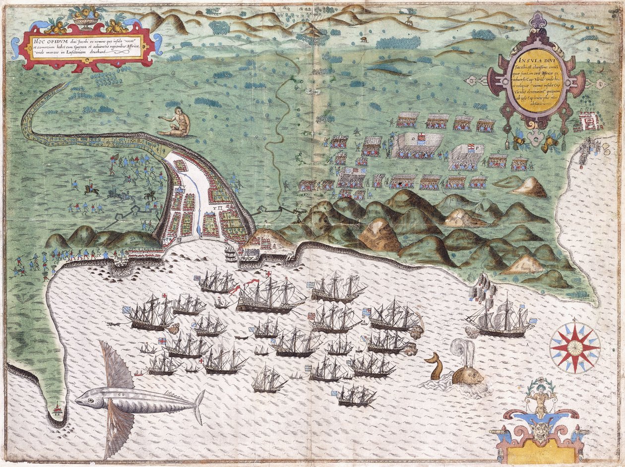 Ansichtsplan von Santiago, Kapverdische Inseln, zeigt Sir Francis Drakes Angriff auf das spanische Fort am 17. November 1585, ca. 1588-9 von Baptista Boazio