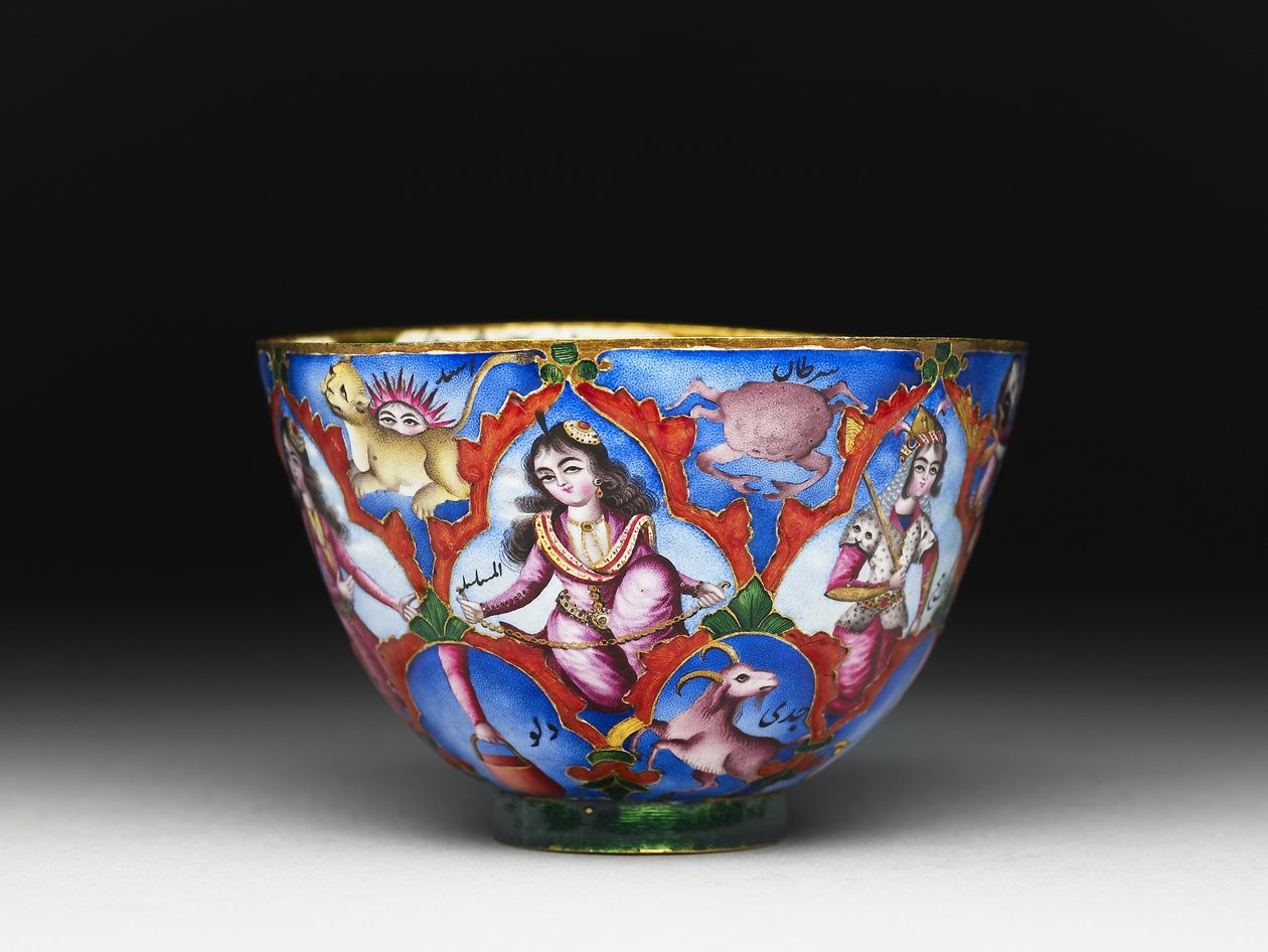 Schüssel mit Deckel, Untertasse und Löffel mit astrologischer Dekoration, frühes 19. Jh. von Baqir