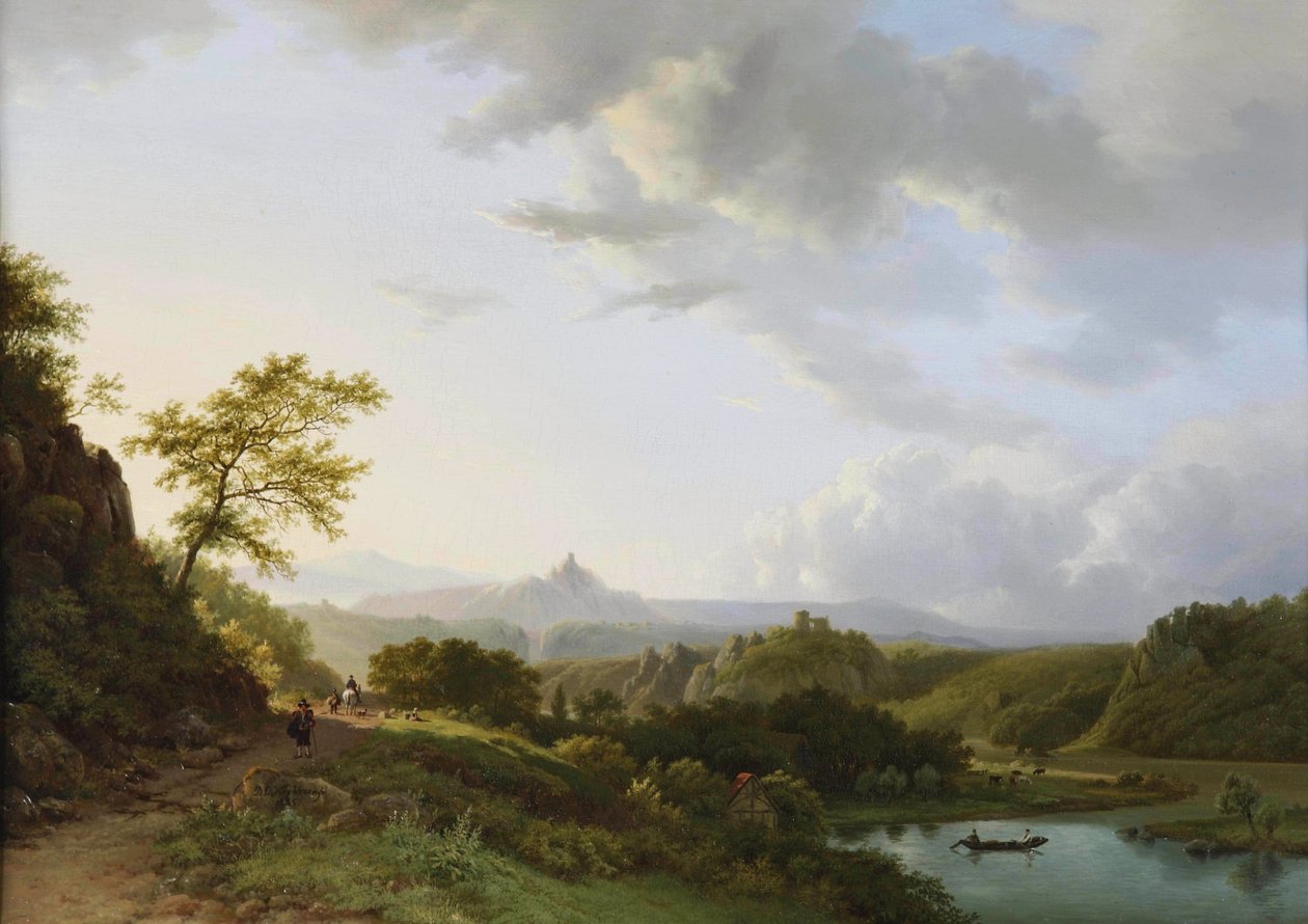 Panorama-Sommerlandschaft mit Reisenden und Burgruine in der Ferne von Barend Cornelis Koekkoek