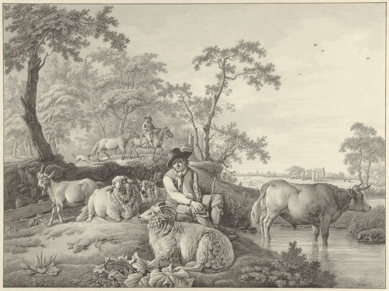 Schäfer mit Schafen, einer Ziege und einem jungen Stier in einer Landschaft von Barend Hendrik Thier