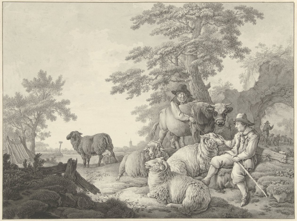 Schäfer mit Schafen und ein Junge mit einem jungen Stier in einer Landschaft von Barend Hendrik Thier
