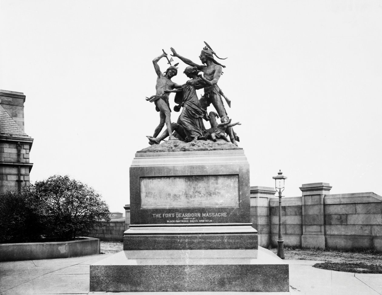 Fort Dearborn Massaker Denkmal an der Calumet Street und 18th Avenue, Chicago, Illinois, USA, um 1900 von Barnes and Crosby