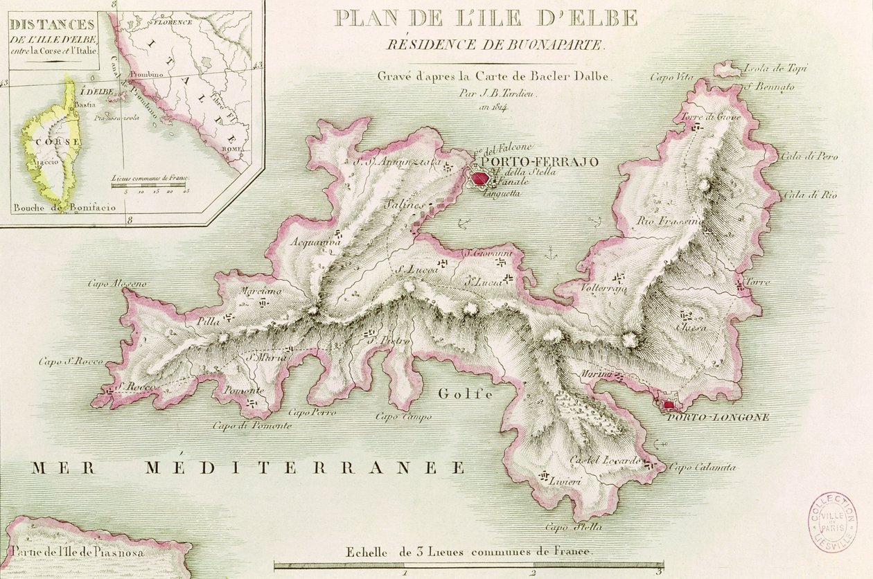 Karte der Insel Elba, graviert von Jean-Baptiste Tardieu (1768-1837), 1814 von Baron Louis Albert Bacler d