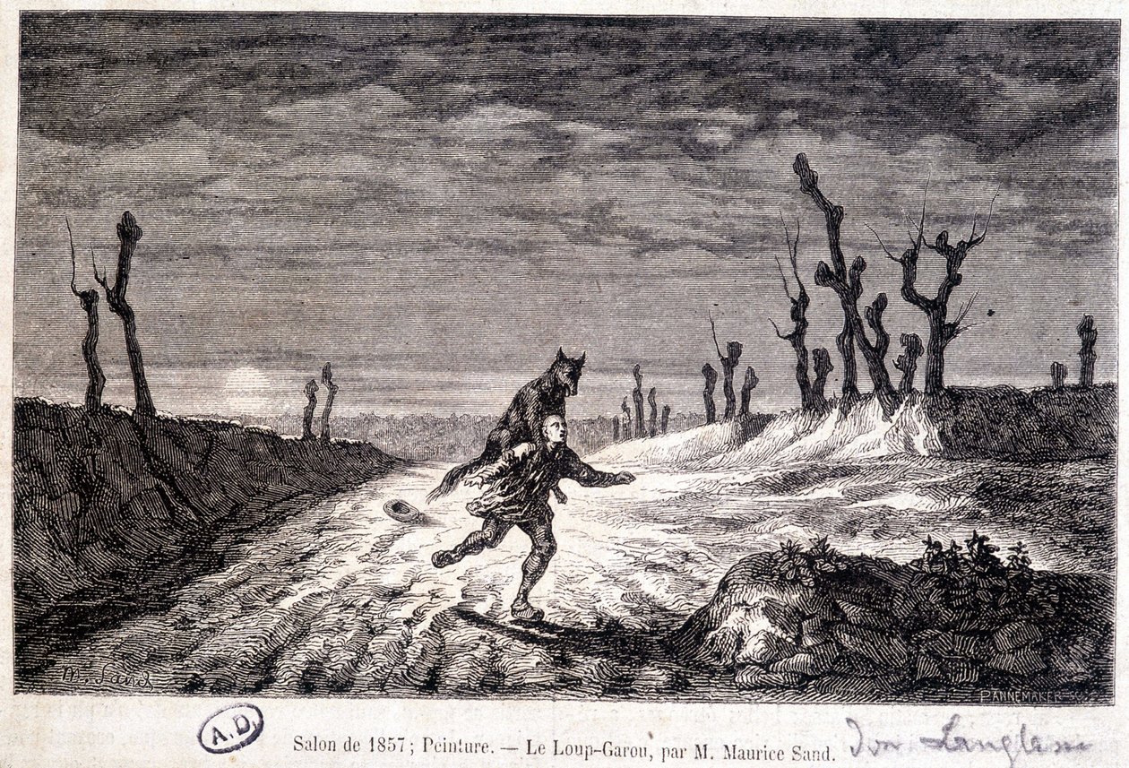 Werwolf (Werwolf) greift einen Mann an - nach einem Gemälde von Maurice Sand, ausgestellt im Salon von 1857 von Baron Dudevant Jean Francois Maurice (after) Sand