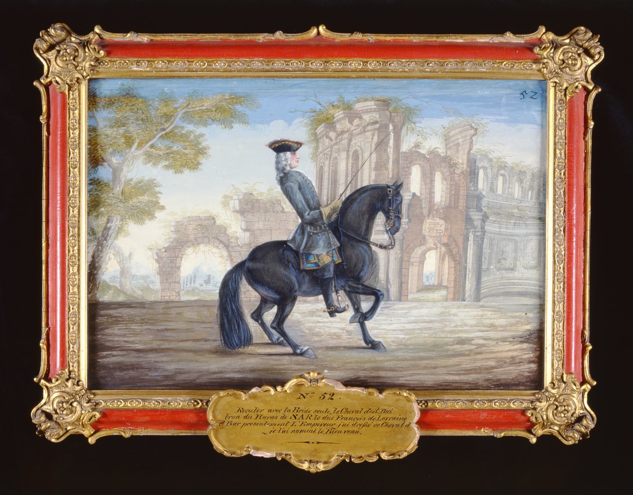 Le Bienvenu, ein dunkelbraunes Pferd der Spanischen Hofreitschule bei einer Dressurbewegung von Baron Reis Eisenberg