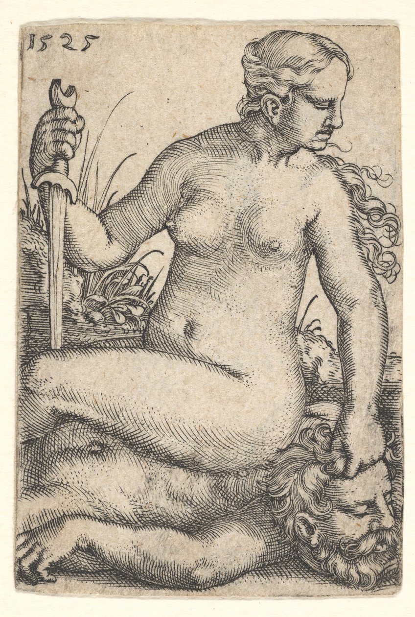 Judith, nach rechts blickend, nackt sitzend auf dem toten Körper von Holofernes, 1525 von Barthel Beham