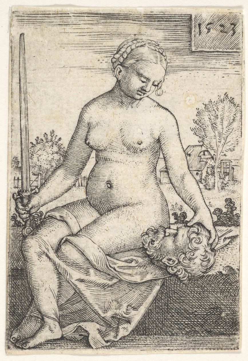 Judith, sitzende Nackte mit einem Schwert in der rechten Hand, blickt auf den Kopf von Holofernes, 1523 von Barthel Beham