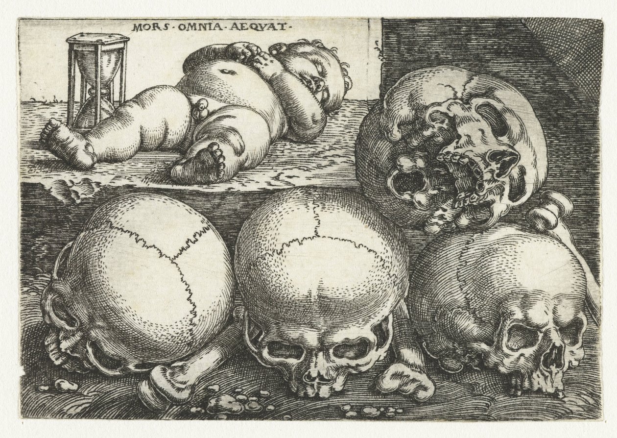 Schlafendes Kind mit Sanduhr und vier Schädeln Mors Omnia Aeqvat von Barthel Beham