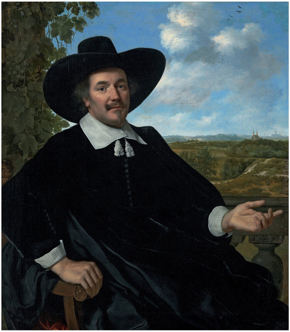 Porträt von Gabriel Marselis, dreiviertellang, sitzend, vor einer Balustrade, mit einer Landschaft und einem entfernten Blick auf Haarlem im Hintergrund von Bartholomeus van der Helst