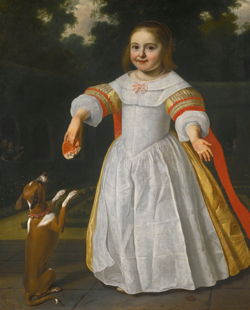 Porträt eines Mädchens mit Brötchen und Hund von Bartholomeus van der Helst