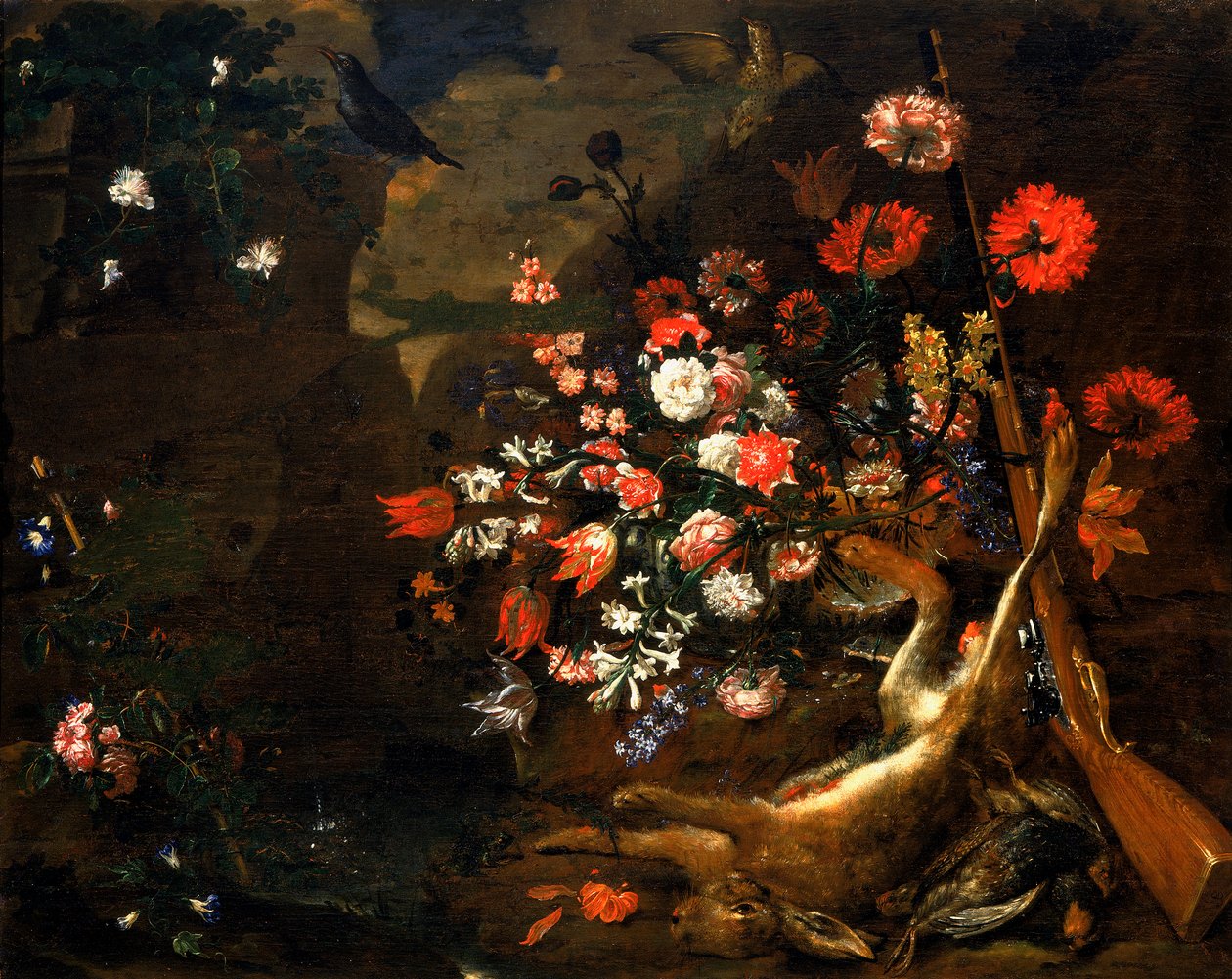 Stillleben mit Blumen und Wild von Bartolomeo Bimbi