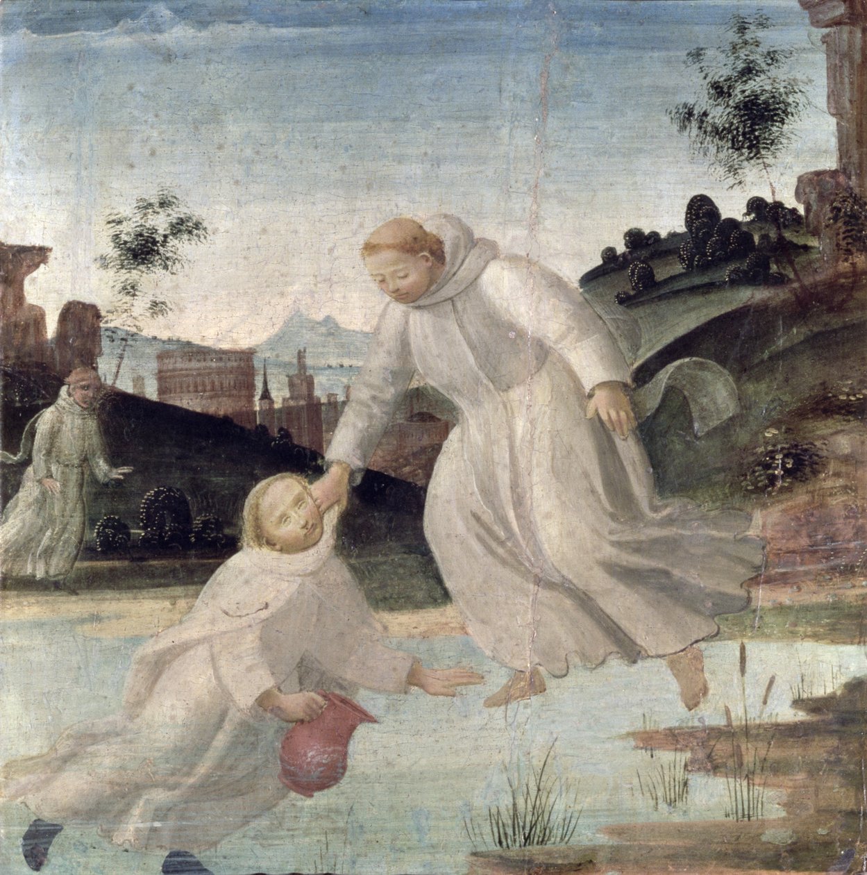 Szenen aus dem Leben des Hl. Benedikt: Maurus zieht auf Anweisung des Hl. Benedikt Placidus aus dem See, ca. 1488 von Bartolomeo di Giovanni