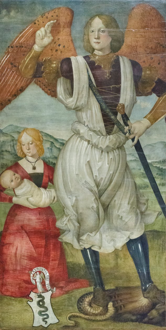 Erzengel Michael mit Teodora Visconti und dem neugeborenen Sohn, ca. 1486-87 (Tempera auf Holz) von Bartolomeo (attr. to) Della Gatta