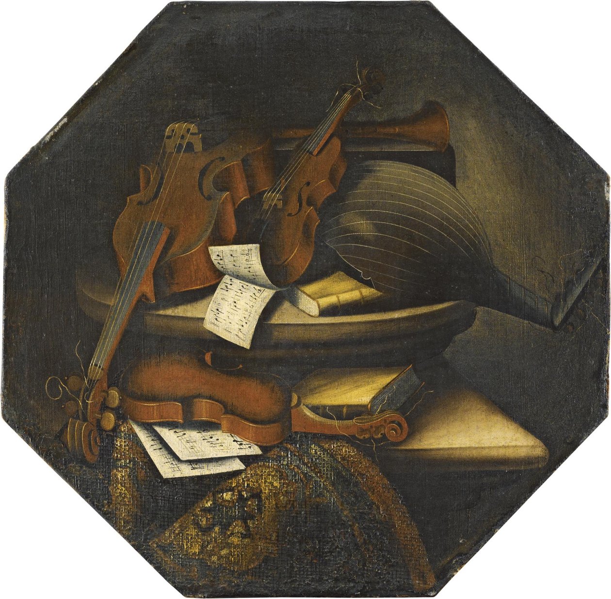 Stillleben mit Laute, Violoncello, Violine und Noten auf einem Steinsims neben einem Teppich von Bartolomeo Bettera
