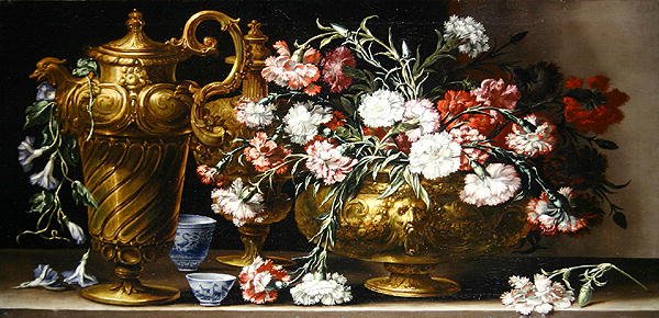 Stillleben mit Nelken in einem Behälter und einem florentinischen Krug auf einem Sims von Bartolomeo Bimbi