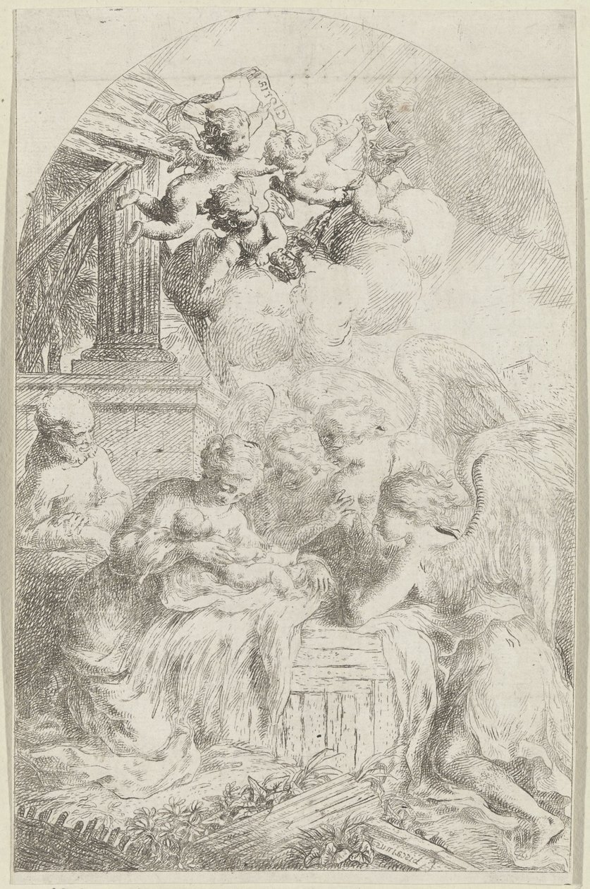 Christuskind von drei Engeln angebetet von Bartolomeo Biscaino