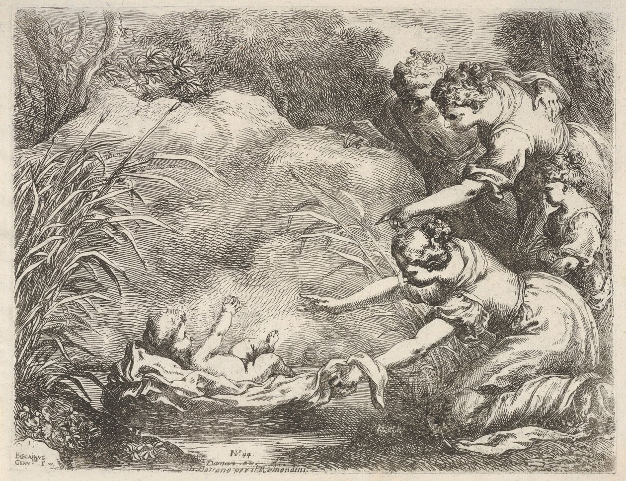 Die Auffindung des Moses, der von den Dienerinnen der Tochter des Pharao aus dem Nil gerettet wird, 1650-57 von Bartolomeo Biscaino