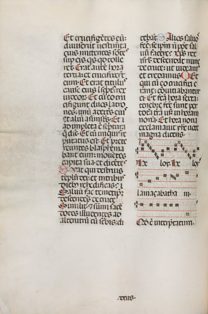 Missale: Fol. 128v: enthält Musik für Hely Hely Lama etc. innerhalb der St. Mattion Passion, 1469 von Bartolomeo Caporali