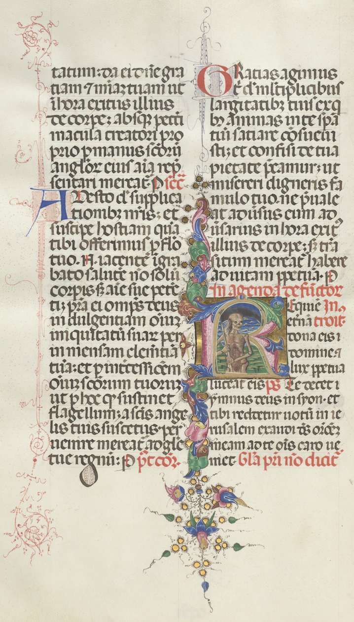 Missale: Fol. 387v: Der Tod dargestellt als Skelett mit einer Sichel, 1469 von Bartolomeo Caporali
