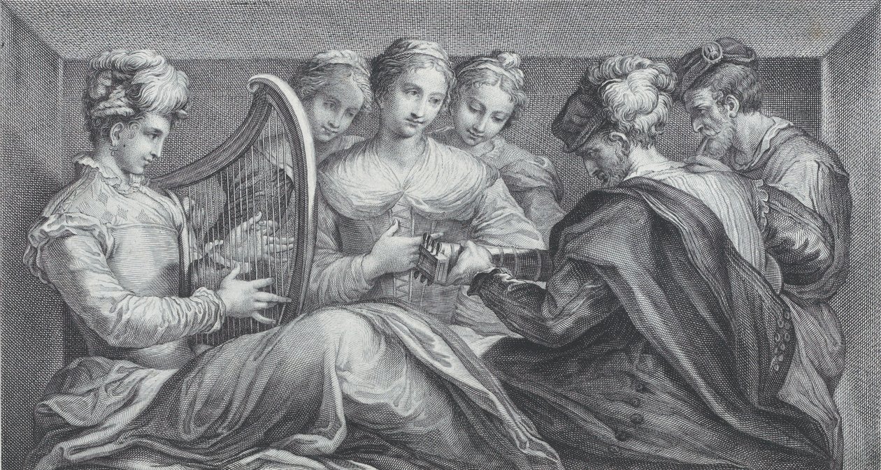 Eine Gruppe elegant gekleideter Menschen spielt Harfe und Gitarre von Bartolomeo Crivellari