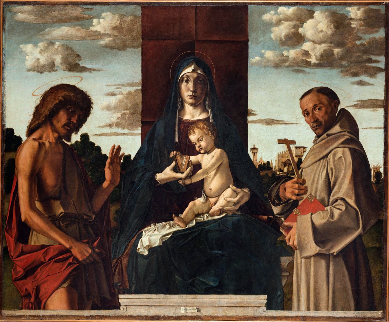 Jungfrau und Kind mit den Heiligen Franziskus und Johannes dem Täufer von Bartolomeo Montagna (1449-1523). Öl auf Holz, ca. 1485, Fondazione Cini, Venedig von Bartolomeo Montagna
