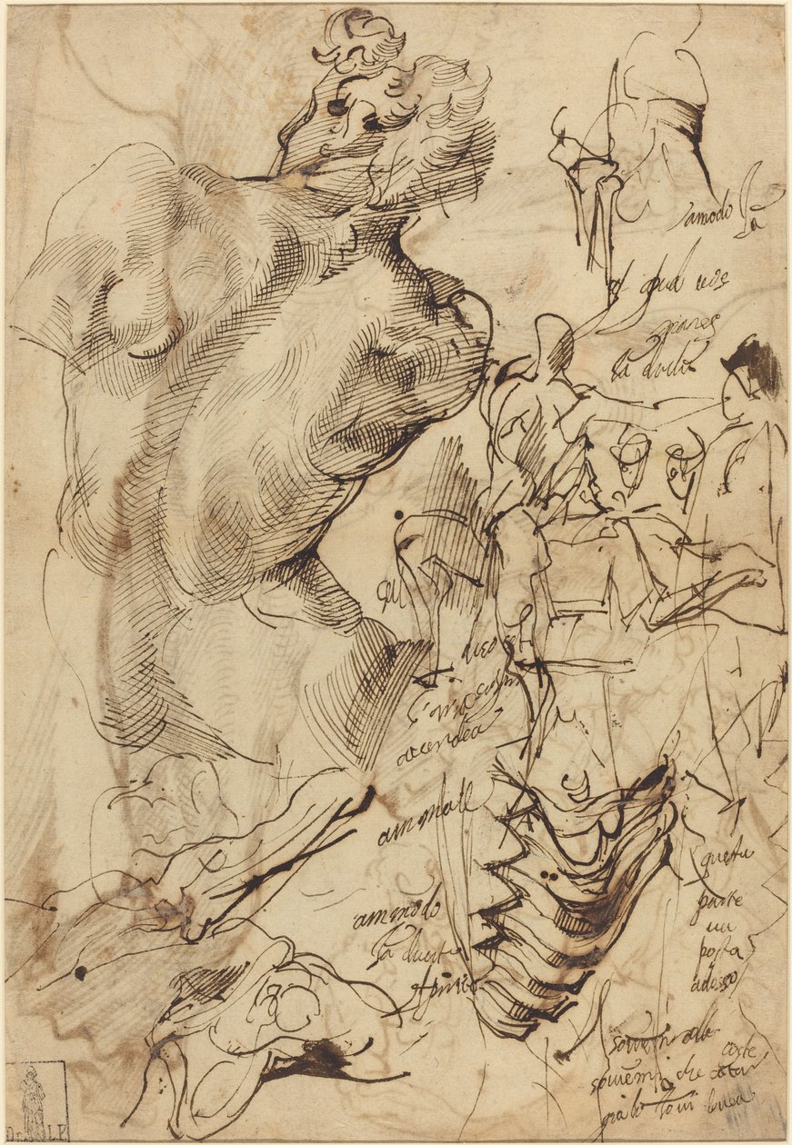 Studien einer Skulptur eines männlichen Aktes, Wirbel und gestikulierende Figuren von Bartolomeo Passarotti