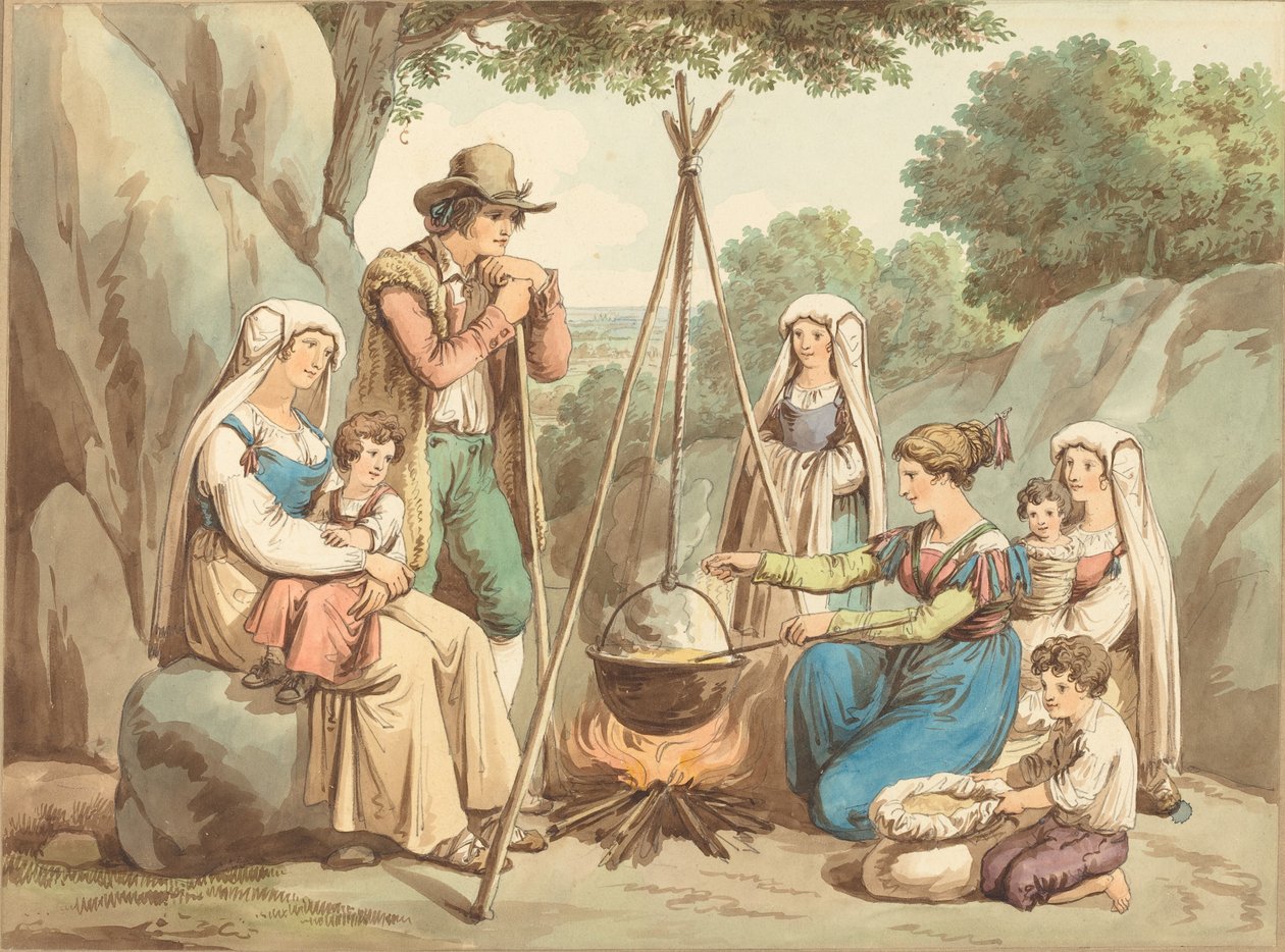 Eine Bauernfamilie kocht über einem Lagerfeuer von Bartolomeo Pinelli